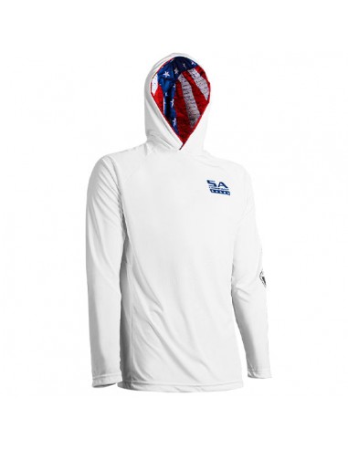 Hooded Performance Long Sleeve Shirt w/Mesh | White | Inner Hood-American Flag brillant des détails fins